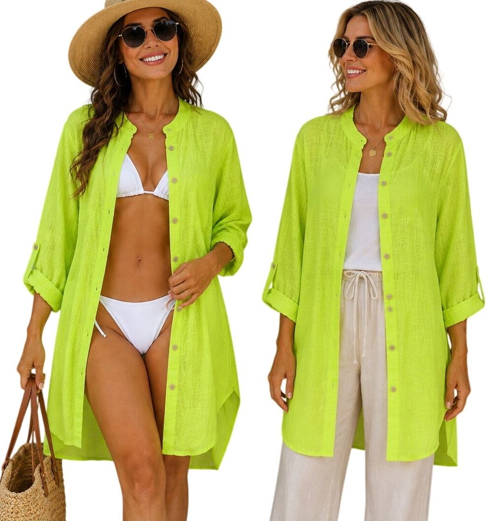 Made in Italy Women's Chartreuse Cotton Gauze Tunic Beach Coverup Shirt Dress XL